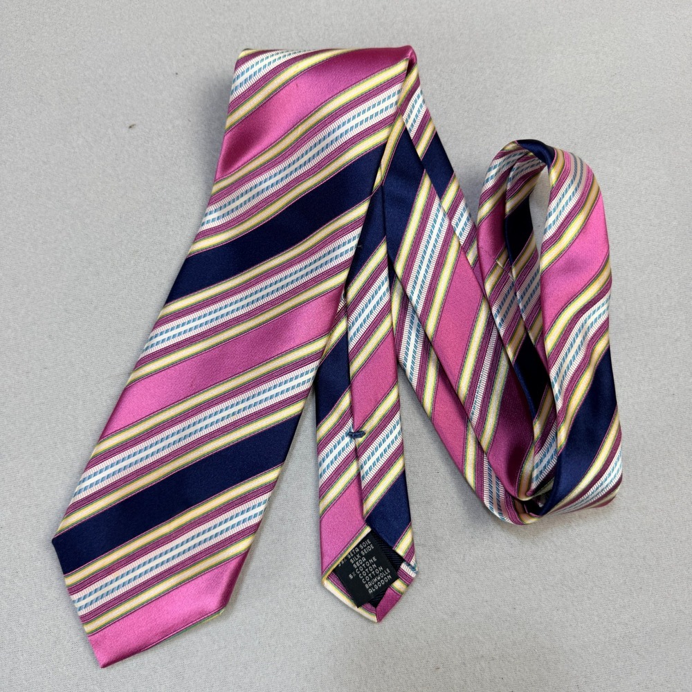 Ermenegildo Zegna Mens Silk Tie Pink Navy Blue Yellow Striped Made in Italy